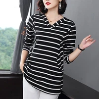 2021 autumn spring new v neck polyester woman long sleeve t shirt fashion korean style striped oversized t shirt