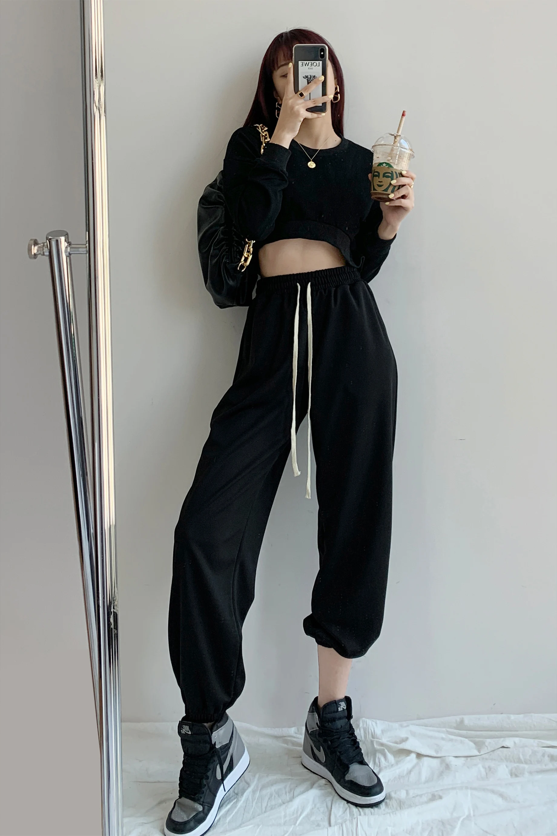 

Street cool girl drawstring elastic waist sweatpants women spring and autumn tied casual pants loose straight leg pants trend