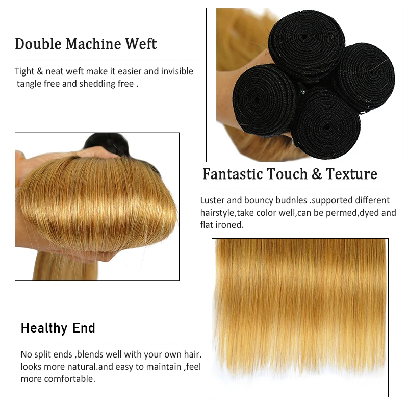 T1B 27 Омбре блонд пучки с кружевной застежкой Прямые Цветные бразильские