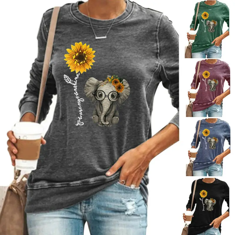 

Womens Casual Loose Long Sleeve T Shirt Elephant Sunflower Print Tops Tee Blouse