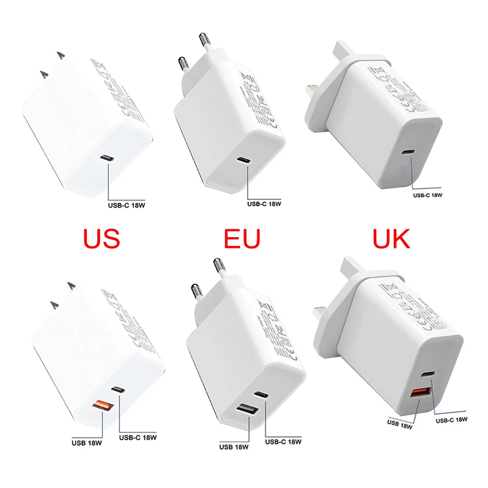 

Адаптер для быстрой зарядки PD 18 Вт, 10 шт., порт USB Type C/A, поддержка портов PD 2,0, 3,0 и QC 2,0, стандарт зарядки 3,0, вилка для США, ЕС, Великобритании