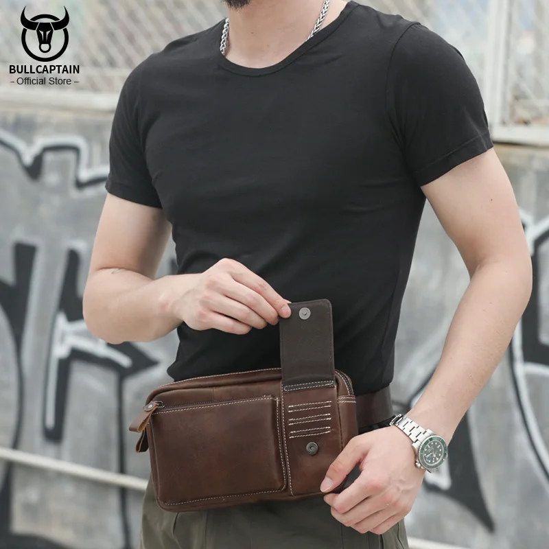 

BULLCAPTAIN Genuine Leather Waist Packs Men Waist Bags Portable Phone Bags Travel Waist Pack Male Small Waist Bag Leather