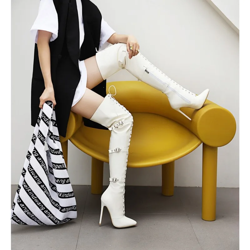 Белые модные женские сапоги выше колена на шпильке новинка 2021 зимние высоком