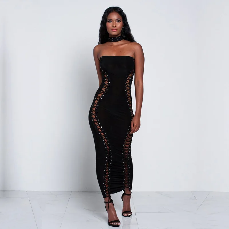 

Popular Women's Bandage Dress Strap Nightclub Backless Strapless Bra Solid Color Dress