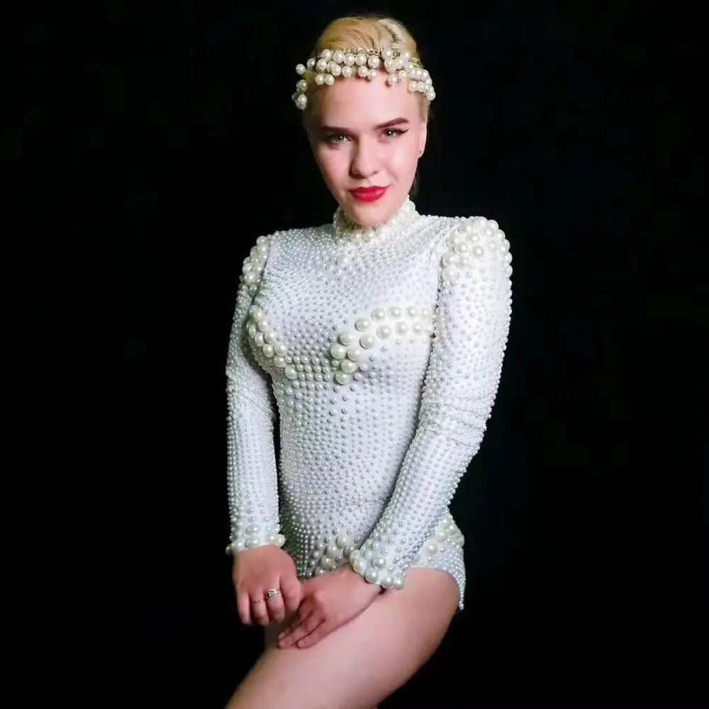 White Beads Long Sleeve Stretch Bodysuit Pearls Elastic Evening Bodysuits Sexy Bar Nightclub Singer Dancer DJ Costume