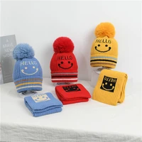 autumn and winter baby smiley knitted woolen cap warm mens and womens hats and childrens scarf set two piece gorros para bebe