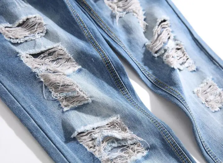 Original design jeans men's trousers new European American style summer light blue ripped straight straight non-stretch pants