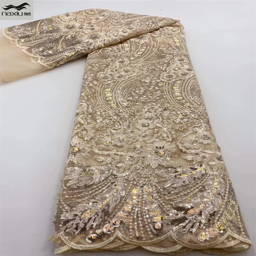 

Madison Gold African Lace Fabric 2021 High Quality Sequins Lace Material French Tulle Lace Fabric For Wedding Sewing