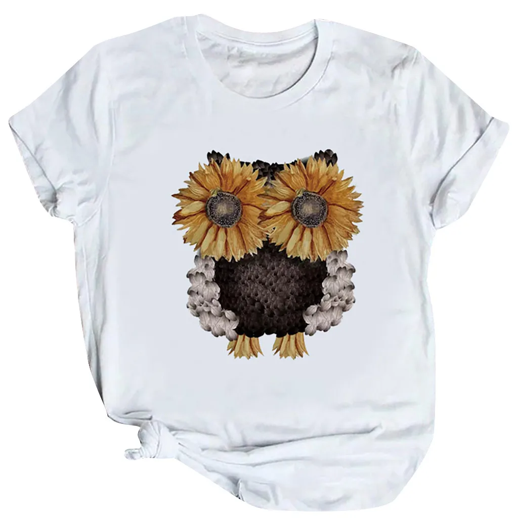 2020 Сова эстетическое с принтом в виде подсолнухов Футболка женская Повседневная