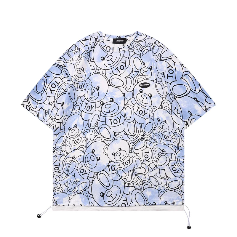 

Harajuku Full Print Bear Tie Dye Print T-shirt Short Sleeved Male Hip Hop Streetwear Fake Two-piece Fashion Couple Tops Tees Men