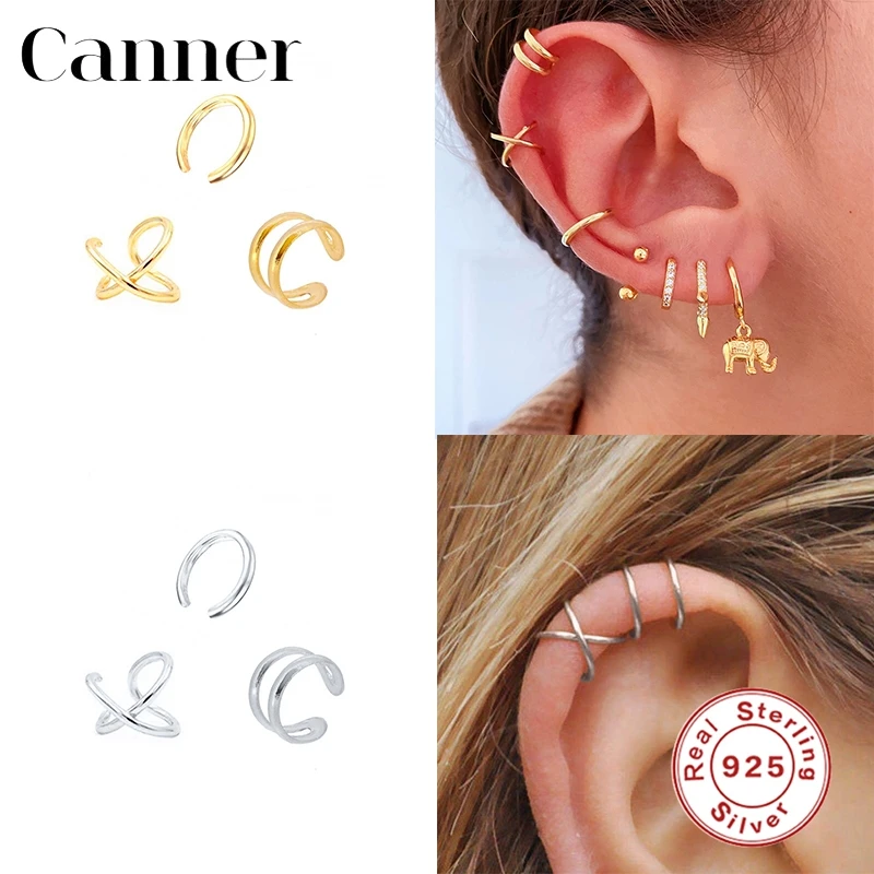 

Canner 3pc/Set Earrings For Women 925 Sterling Silver Pendientes Men Women Double Line Lovers Clip On Earings Jewelry earcuff W5