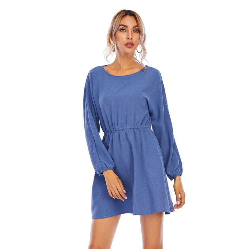 

Women Autumn Dresses 2021 Long Sleeve Backless Lace Up Casual Mini Dress Apricot Blue Solid Color A Line Style Ladies Clothing