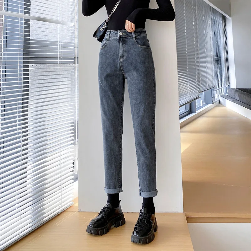 

High Waist Jeans 2021 Spring Autumn Harem Pants Woman Denim Pants Cotton Loose Jeans Fashion Women's Nine-Point Straight Pants