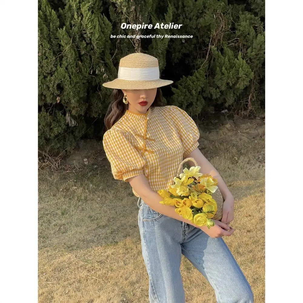 

Vintage Plaid Sweet Women-blouses Bow Tie Puff Short Sleeve Doll Shirt 2021 Spring Summer New Causal Blusas