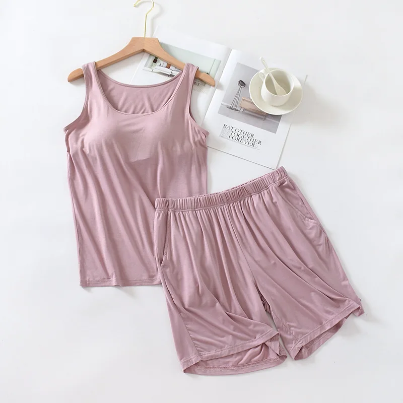 New Sleeveless Sexy Top + Shorts Sleepwear Set Modal Cotton Pajamas Women Bra Padded Nightwear Pijamas Comfortable Night Suit