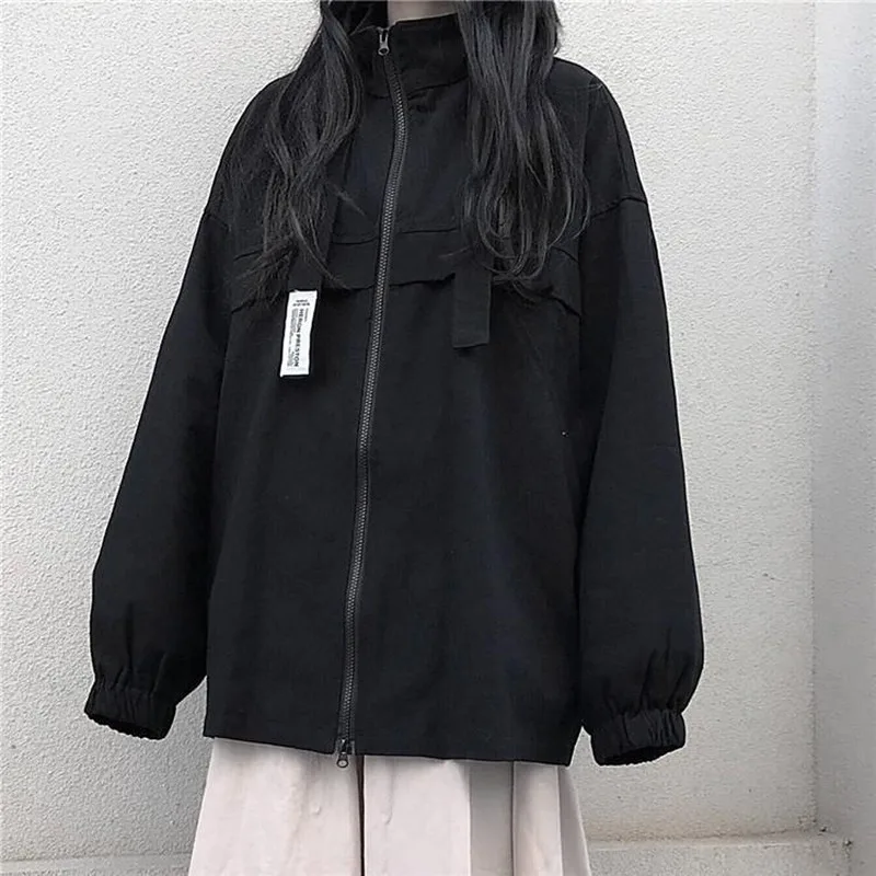 

Women Basic Jackets Solid Cargo Coat Stand Collar Streetwear Cool Students Windbreaker Loose Big Size 2XL BF Korean Fashion Slim