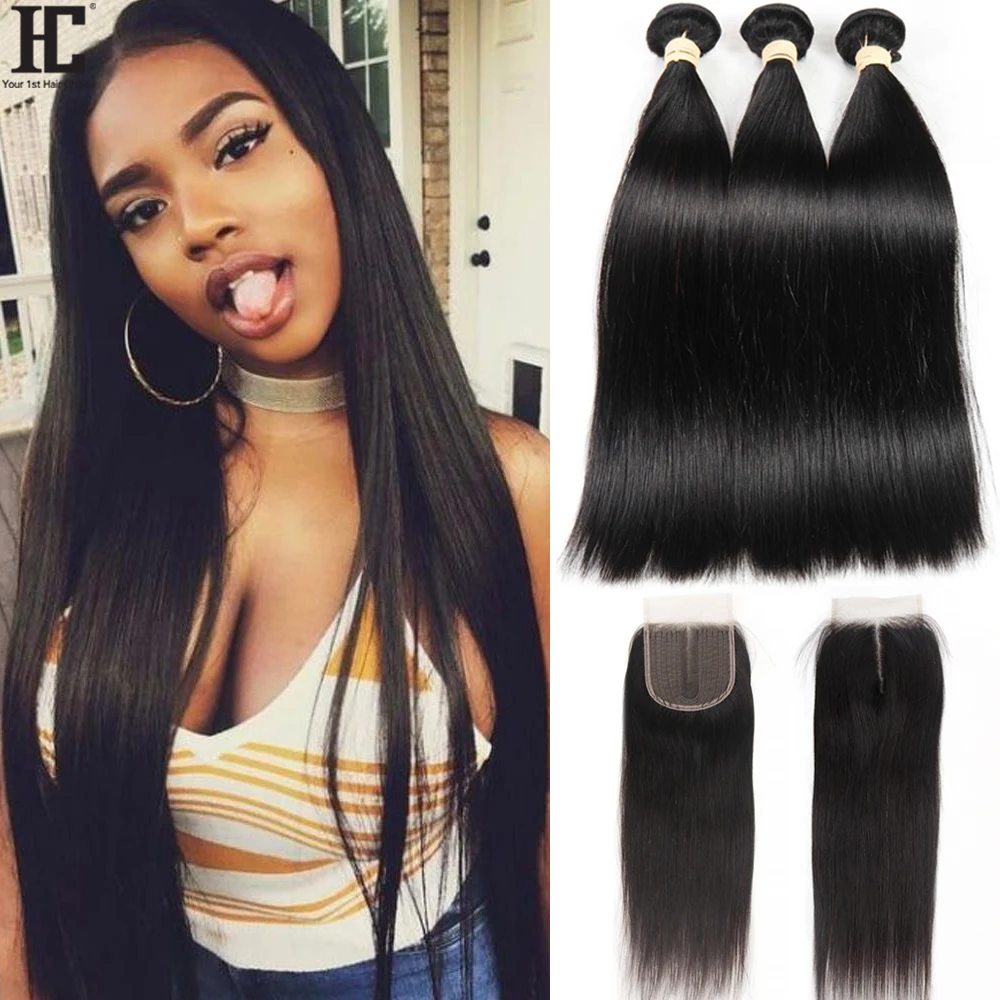 HC волосы бразильские прямые человеческие 4 пучка предложения с закрытием шнурка