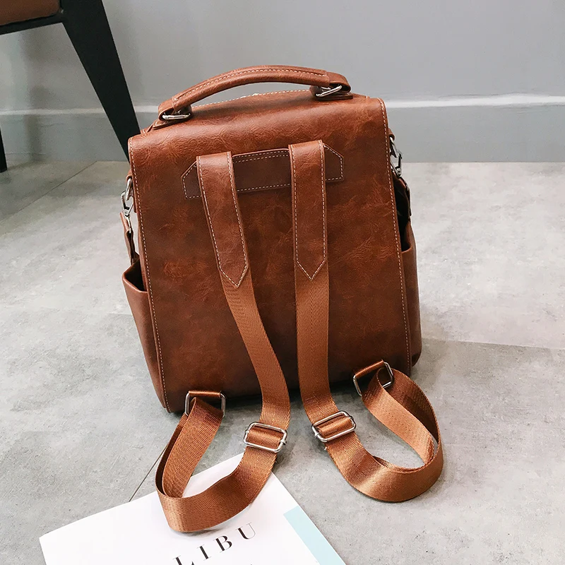 

Simple Retro Backpack Women Shoulder Bag Solid Color Fashion Zipper Backpack Leather Waterproof High Quality School Backpack