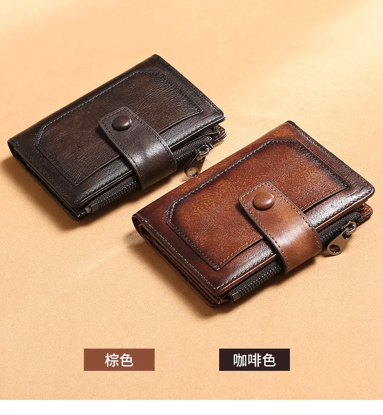 

Classic Male Purse Vertical Snap Zipper Wallet Vintage Genuine Leather Business Credit Card ID Holder RFID Blocking Wallet Men