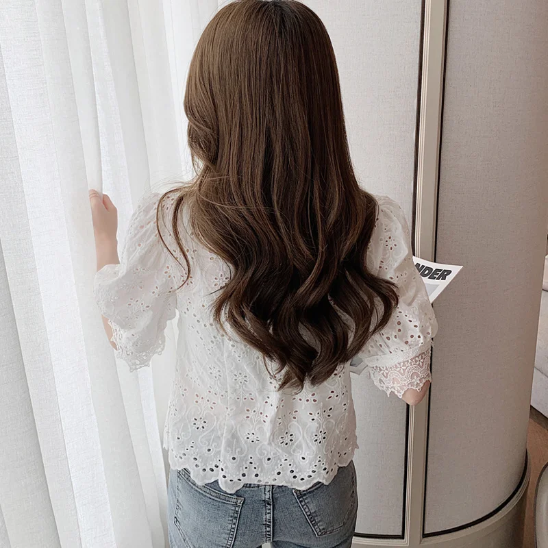 

Fashion Women's Blouse Summer Short Sleeve Lace Shirts Tops Hook Flower Hollow Blouse Single-breasted Slim Vintage Blouses 14030