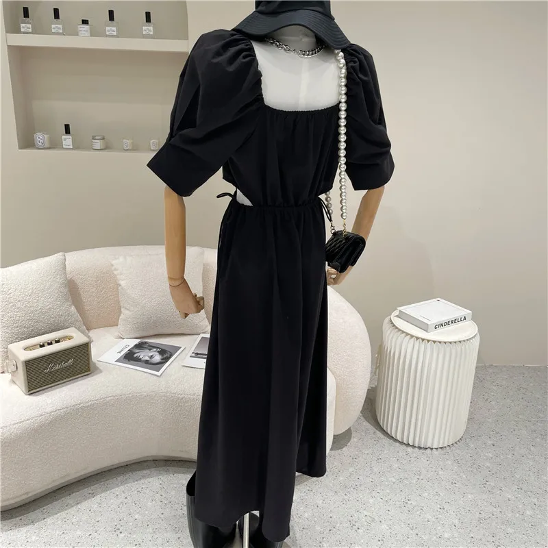 

Niche Design Women's Spring Summer 2021 Fashion Square Neck Black Dress With Bubble Sleeves