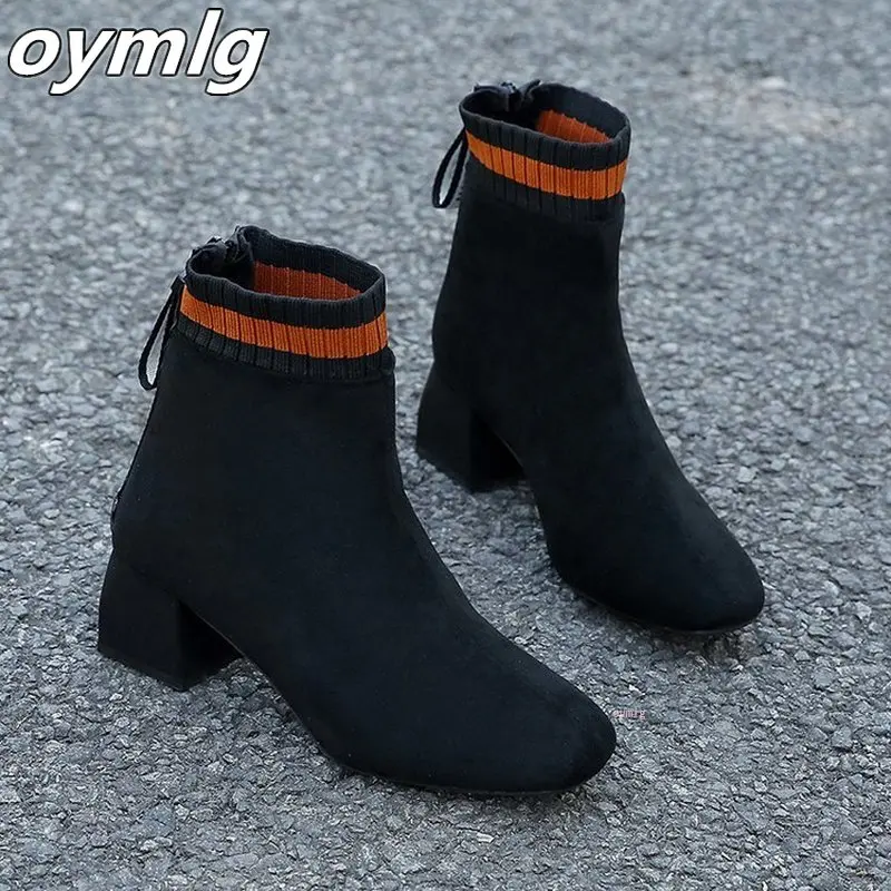 

Autumn Winter Knitted Stretch Fabric Socks Women Boots Low heel Short Pointed Toe Ankle Black Khaki Botas Mujer Plus Size 35-43
