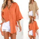 Женские свободные хлопковые рубашки, Повседневная Длинная рубашка на пуговицах, Женские повседневные топы с рукавом три четверти и V-образным вырезом, летняя рубашка, туника, блузка