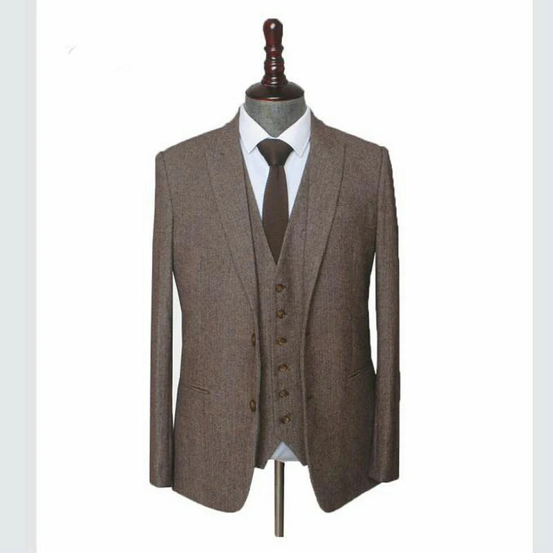 

На заказ, шерстяной коричневый твидовый мужской свадебный костюм в елочку, британский стиль, мужской костюм, сшитый по индивидуальному зака...