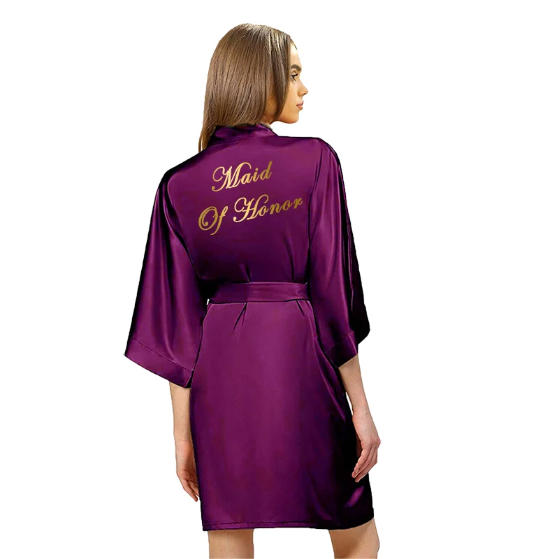Purple Satin Robe Bride Bridesmaid Robes Rose Gold Dressing Robe for Women Short Bridal Robes Wedding Party Bathrobe Sleepwear