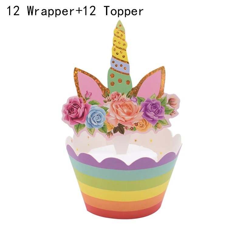 24pcs style-2 24 шт Радужный Единорог торт, топперы, капкейки обертки Свадьба для именинного пирога для украшения детского душа Единорог вечерние поставки - Цвет: 24pcs style-2
