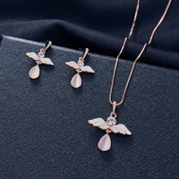925 sliver elegant necklace earring jewelry set for women rose gold angle wings shape pink opal pendant jewellery wedding party