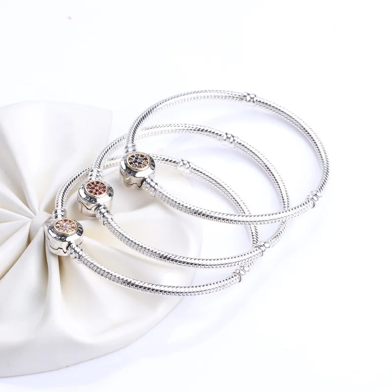 

Classic S925 Sterling Silver crystal Bangles Original DIY Charm chain Snake Bracelet charm Bead Jewelry gift For Women