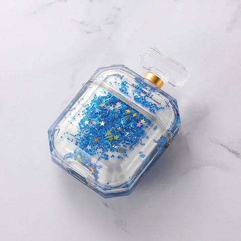 Blue Для Apple AirPods чехол флакон духов беспроводной Bluetooth чехол для гарнитуры роскошный зыбучий песок прозрачный силиконовый наушник чехол coque - Цвет: Blue