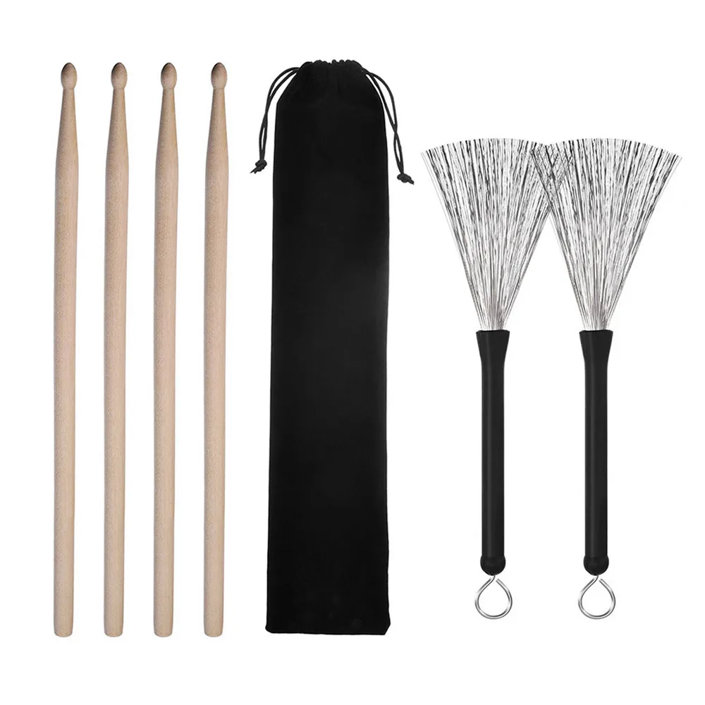 

Drum Accessories Set Kit Containing Retractable Wire Brushes 5A Maple Wood Drumsticks Mallets Carrying Bag