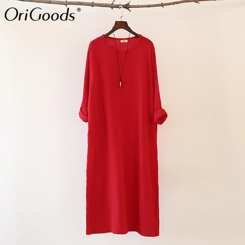 Женское винтажное длинное платье с круглым вырезом и длинным рукавом|knee length