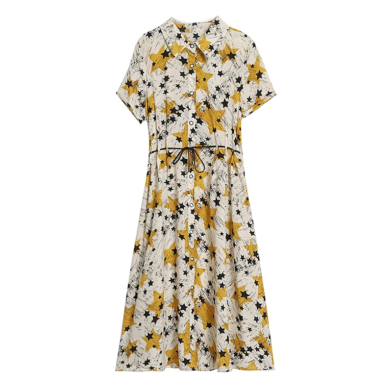 

COIGARSAM Fashion Chiffon Women dress New Summer Floral Print High Waist Dresses Yellow 9252
