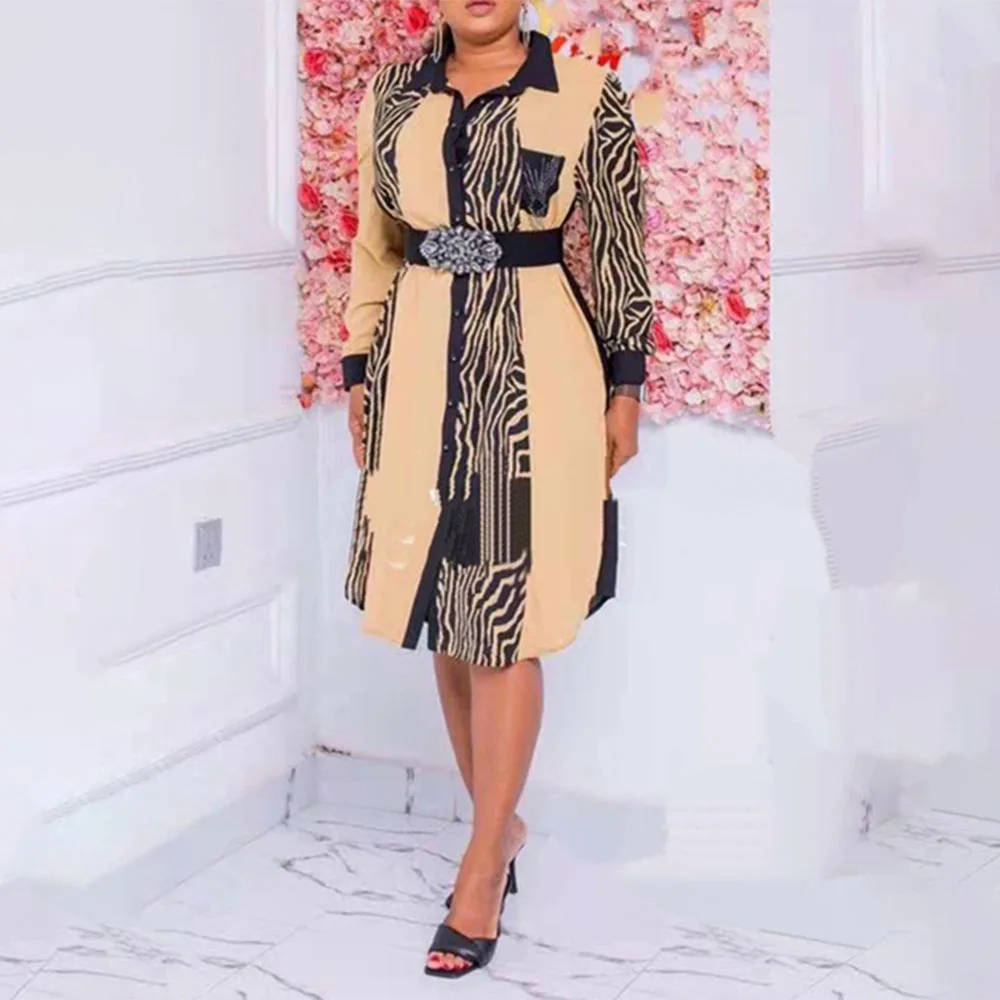 

Autumn 2021 New Leopard Stitching Printing African Loose Single-breasted Lapel Long Sleeve Fashion Casual Simple Dress Women