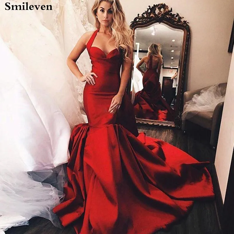 Женское атласное вечернее платье Smileven Красное Атласное Платье Русалка с лямкой