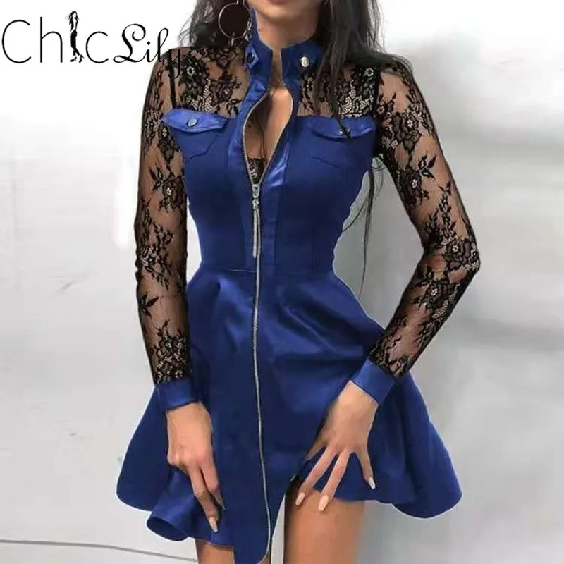 

Sexy Print Zipper Long Sleeves Mini Dress Casual Autumn Winter Fashion Pocket PU Leather Dress Elegant Slim Dresses