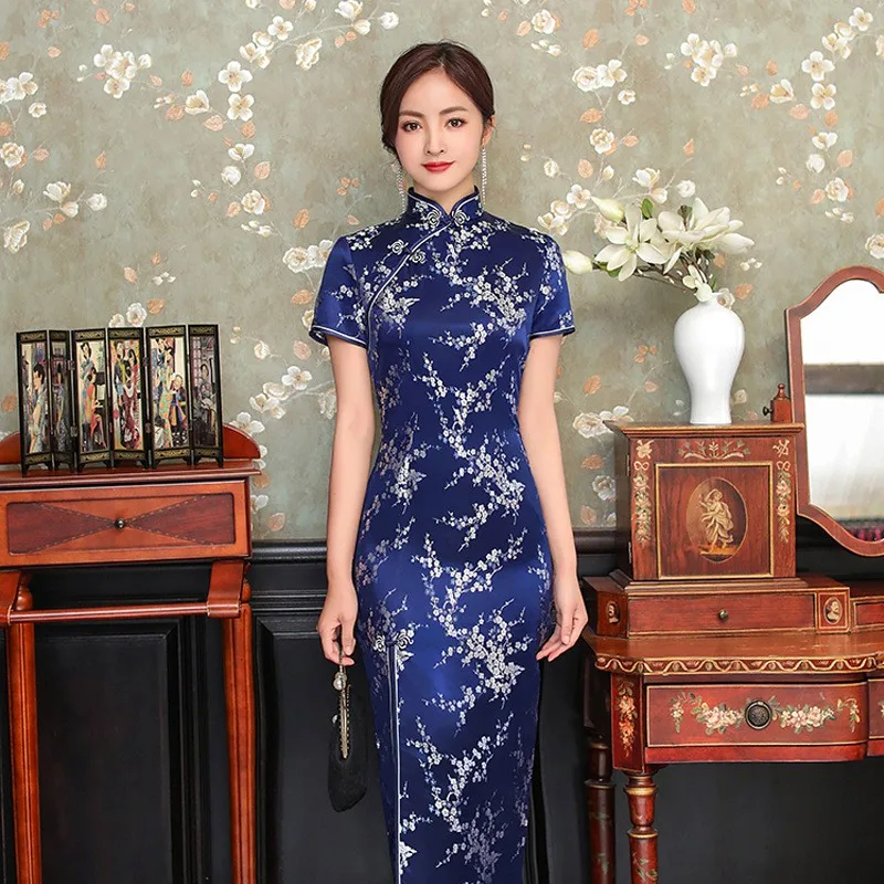 Elegant New Brocade Satin Long Fork Cheongsam Chinese Classic Women's Qipao Short Sleeve Sexy Wedding Evening Party Dress 4XL images - 6