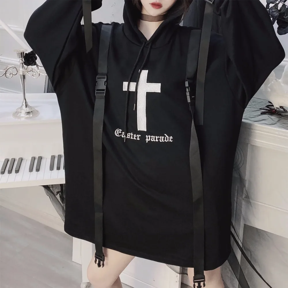 Ruibbit Женская Толстовка Harajuku Готический мультфильм печатных бархат с капюшоном модные повседневные панк уличная Черная Толстовка Осень