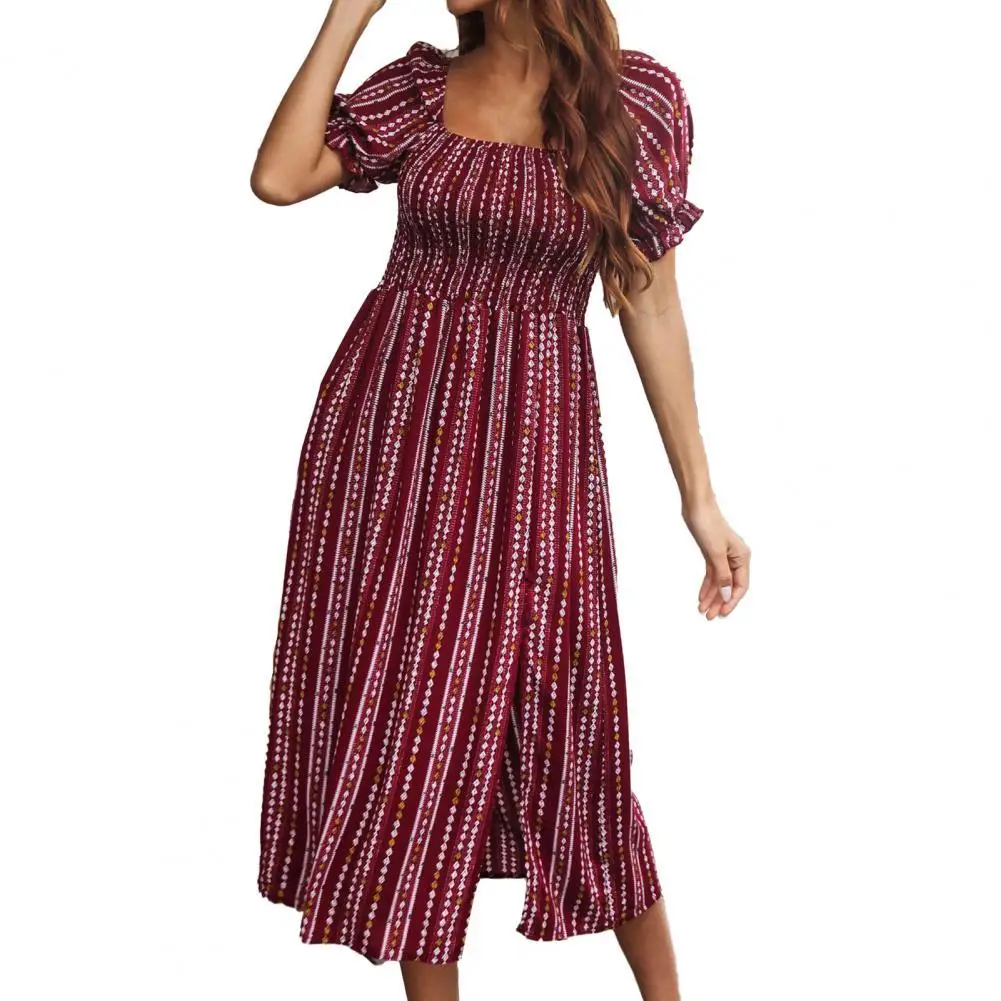 

Летнее Повседневное платье с принтом и пышными рукавами, женское платье миди с квадратным вырезом