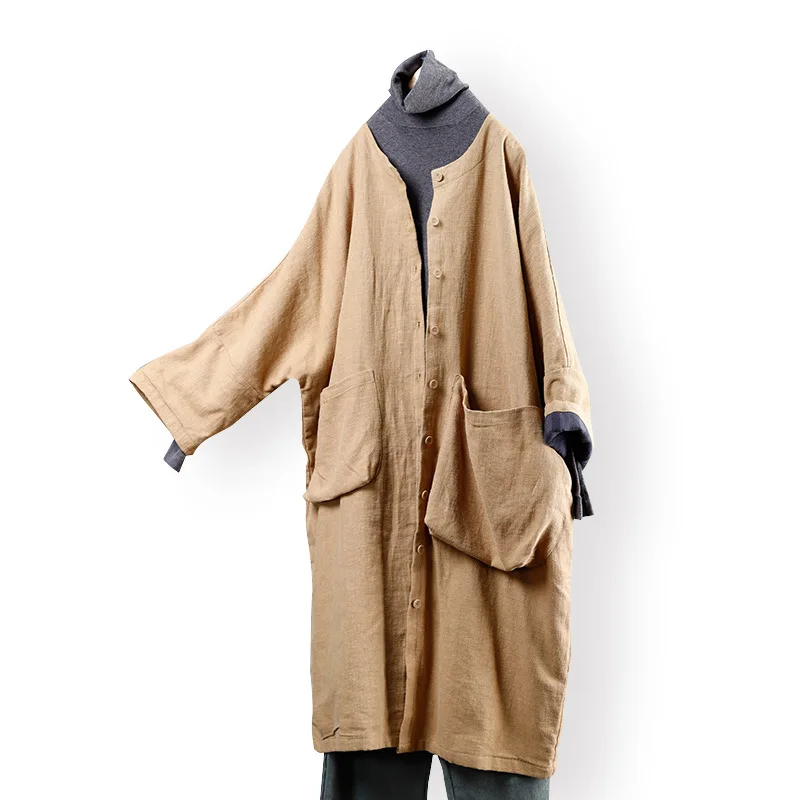 

Simple Long Cotton Linen Knitted Trench Coat Oversize Casual Loose Outwear Autumn New Vintage Women's Windbreaker