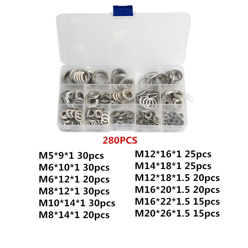 280Pcs Горячая 280/450 шт алюминиевые Плоские Прокладки Шайбы Ассорти Прокладки Металлические Уплотнительные Шайбы Ассорти алюминиевые уплотнительные кольца прокладки - Цвет: 280Pcs