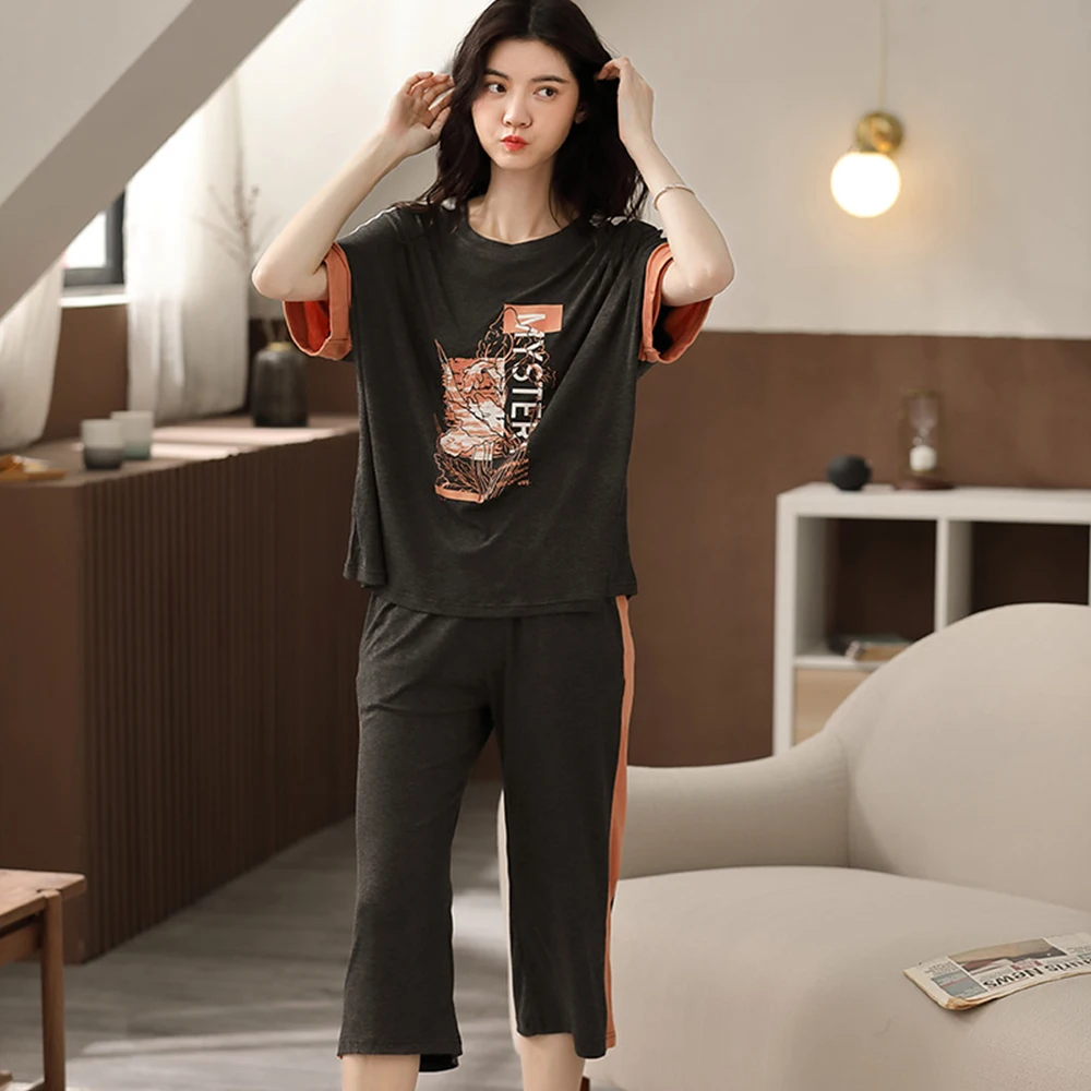 

Spring Summer Women's Pajamas Cotton Sleepwear Sweet Print Pyjamas Set Loose Short Sleeve Trousers Suit Comfortable Home Clothes