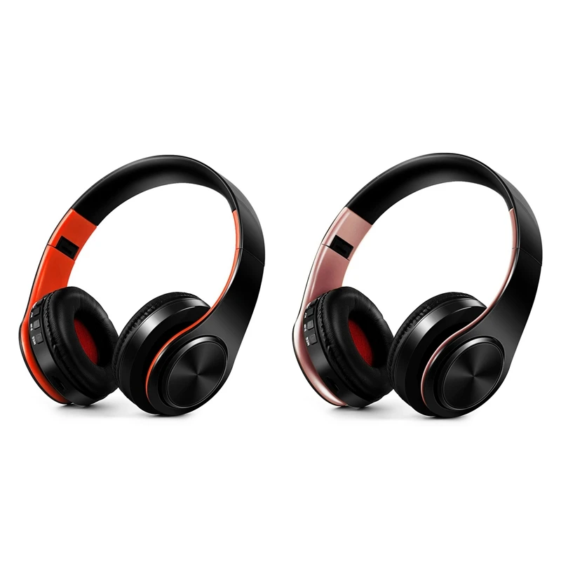 

2Pcs Portable Wireless Bluetooth Hi-Fi Stereo Foldable Headset Audio Adjustable Earphones With Mic-Orange & Rose Gold