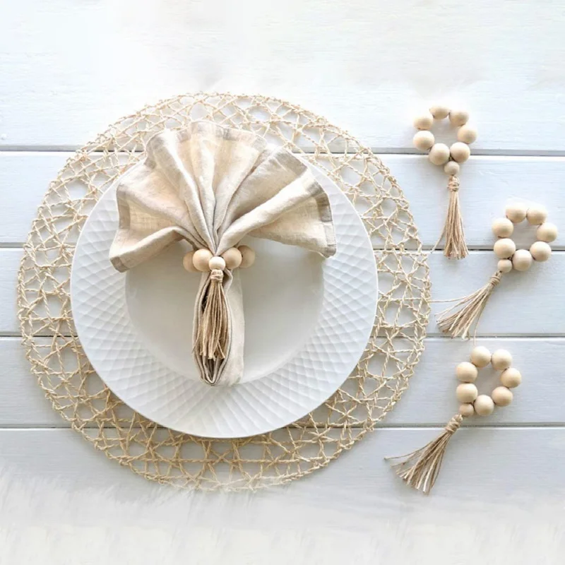 Деревянная гирлянда с бусинами 4 шт. кольца для салфеток кисточки деревенский