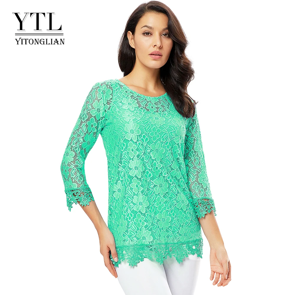 

Yitonglian Ladies Vintage Allover Floral Lace Crochet Tops Plus Size Summer Blouse for Party Work Women Tunic Shirt H244N