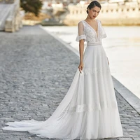 white boho wedding dresses 2021 short sleeve bridal dress lace v neck back vintage country wedding gowns abito de sposa bow