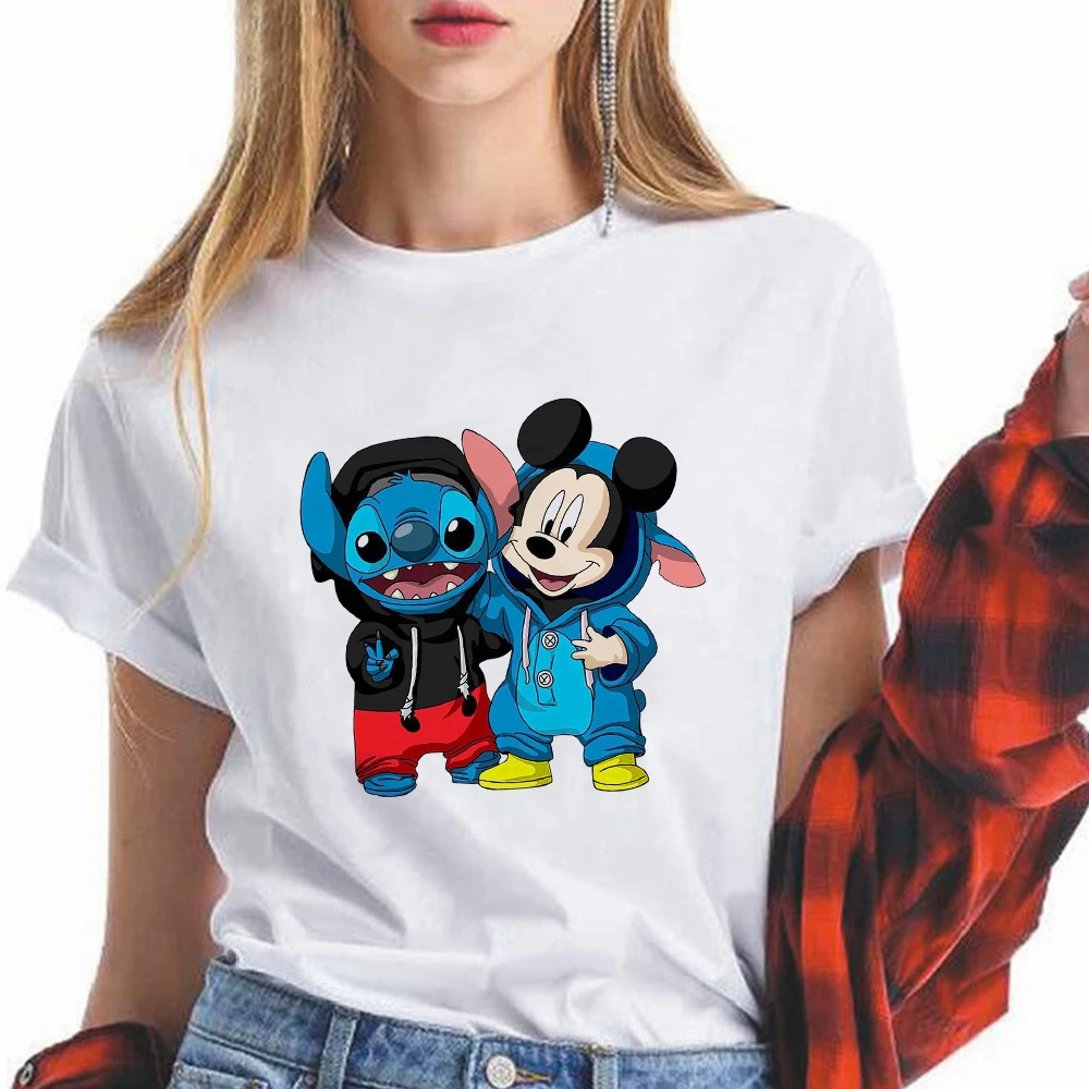 

Disney Stitch and Mickey Mouse Women Tee shirt Fine Printed Oversize Design Cartoon Tops Pink Sweet Style Women's T shirt Brands